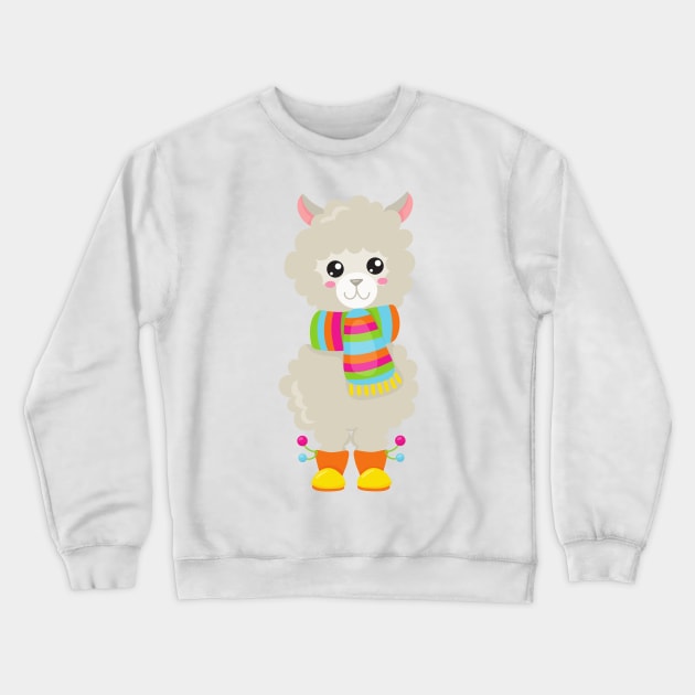 Cute Llama, Little Llama, Alpaca, Llama With Scarf Crewneck Sweatshirt by Jelena Dunčević